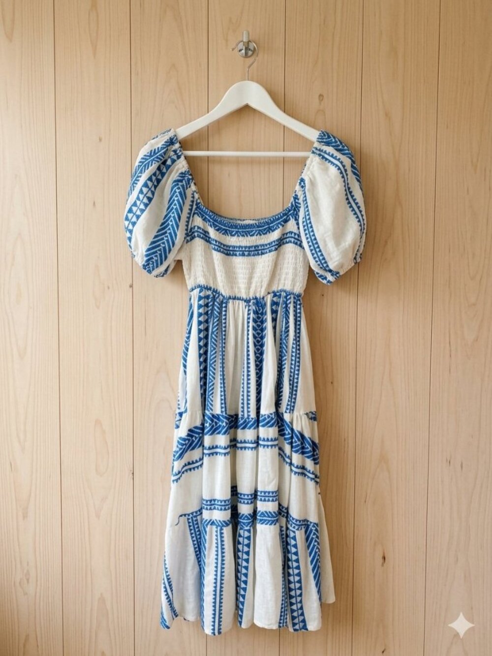 Sofia Cabo Blue White Smocked Embroided Midi Dress S/M